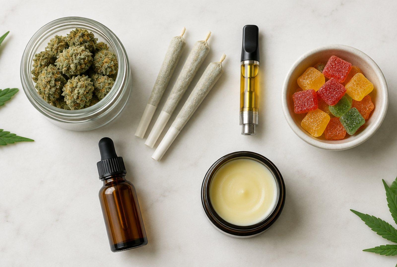 Assorted cannabis product formats including flower, pre-rolls, vape, edibles, tincture and topical
